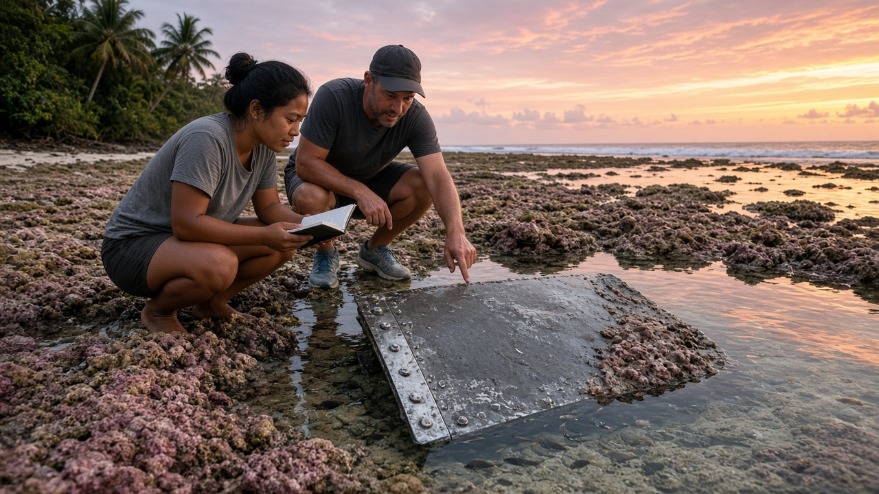 Amelia Earhart plane story cover: a young Pacific Islander woman with a notebook kneels beside a shiny gray metal panel half buried in pink coral on a remote reef flat at dawn, while a sunburned TV producer points at it