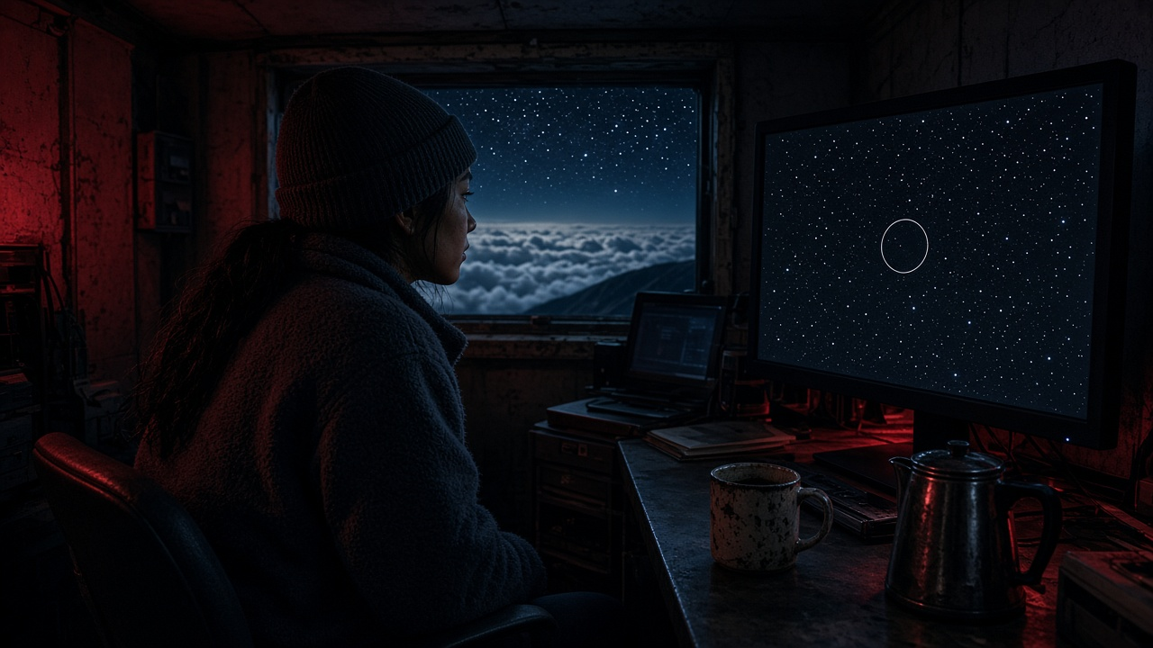 Asteroid near Earth story cover: a young woman night observer sits in a dark telescope control room on Haleakala, lit red, watching one faint moving dot on a screen full of stars
