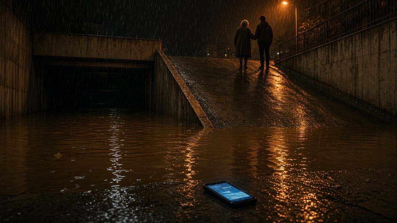 A Barcelona flood story at night: a modern garage ramp half under brown water, orange streetlights, a phone glow on wet concrete, and two silhouettes at the top of the ramp