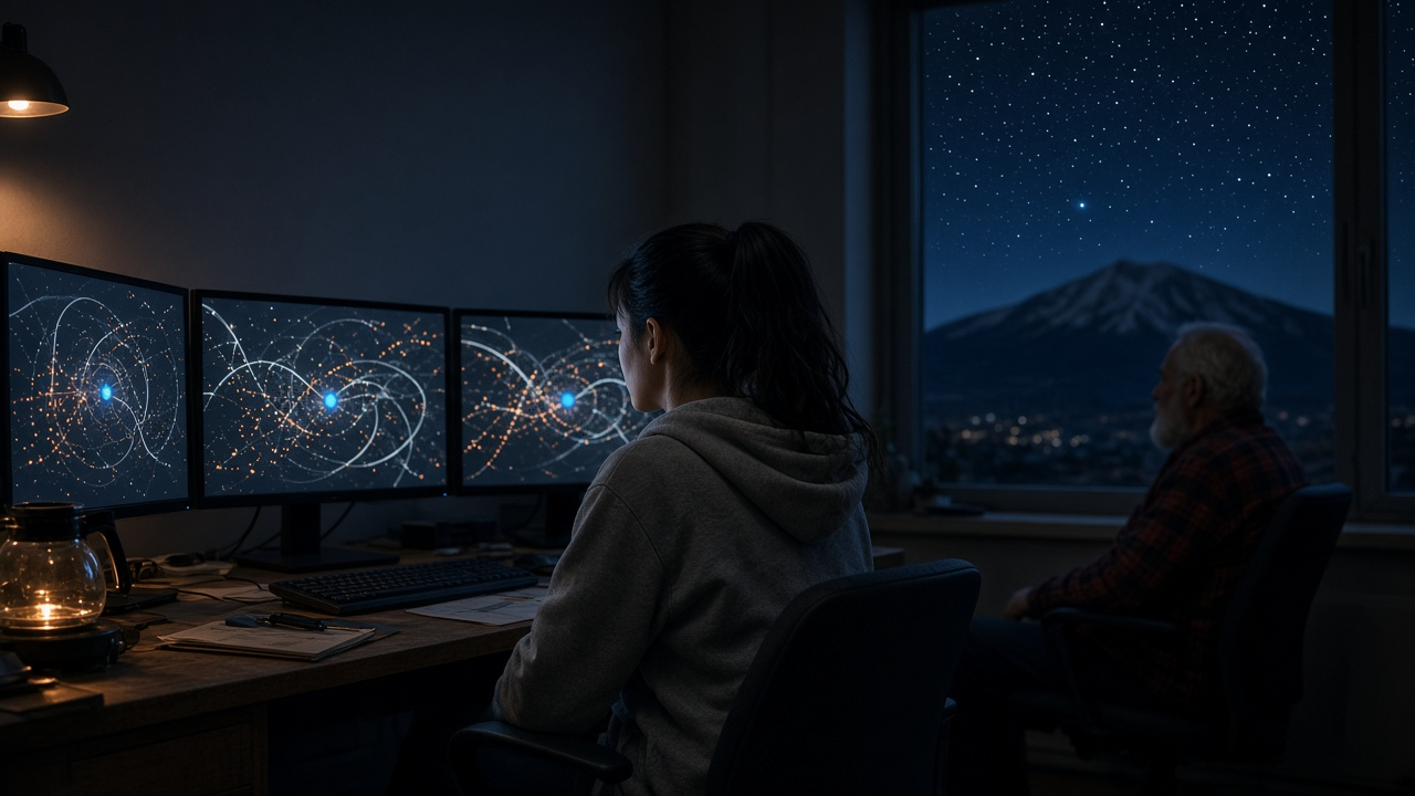 Dead satellite story cover: a young woman analyst sits at three glowing screens in a dark Colorado Springs office at night, with Pikes Peak and stars outside the window