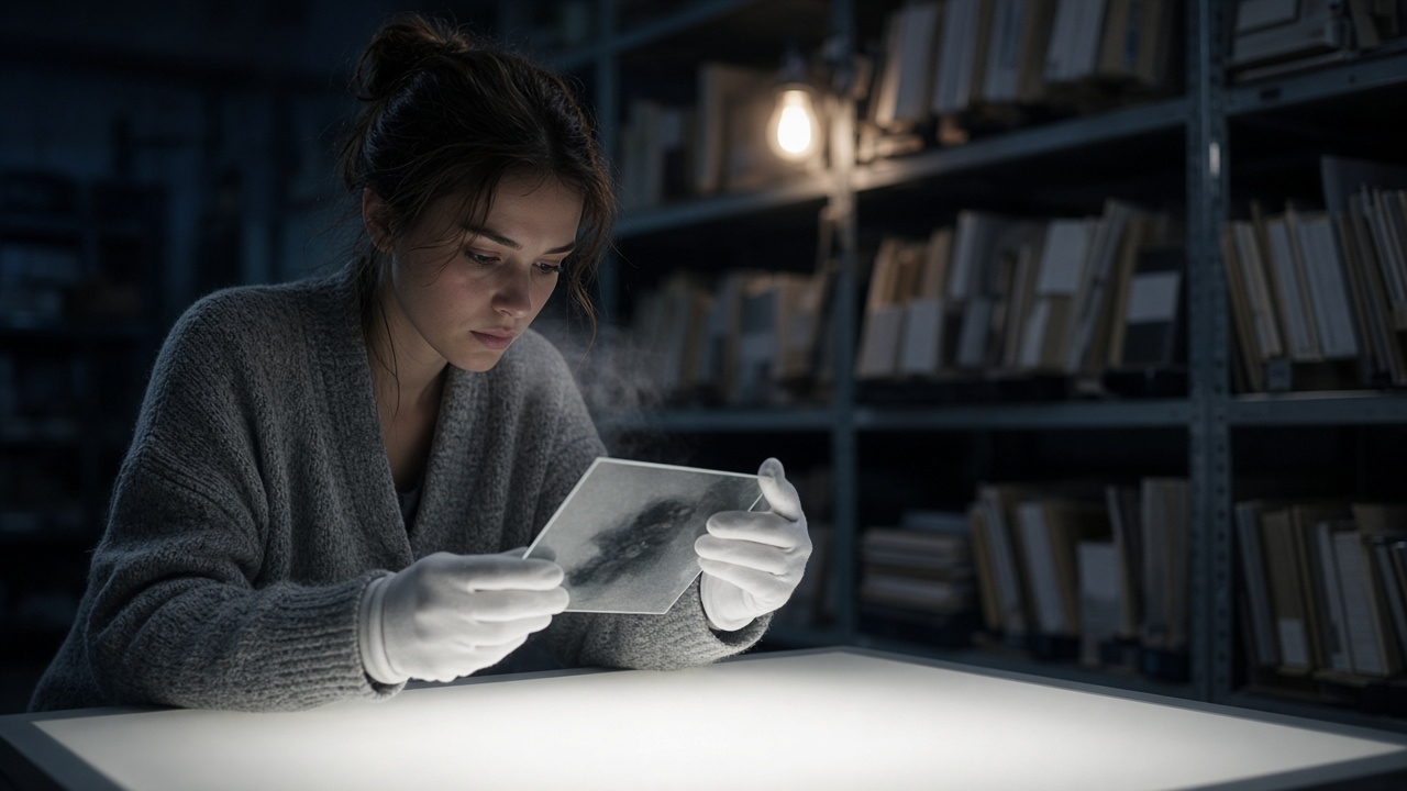 Green star story cover: a young woman in a cardigan and white cotton gloves leans over a glowing light table in a cold basement archive of old glass star plates, steel shelves fading into the dark