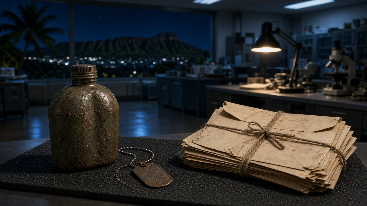 Korean War soldier story cover: an old canteen, a dog tag, and a bundle of yellowed letters on a padded lab table in Honolulu at night, palm trees and a dark crater ridge outside the window