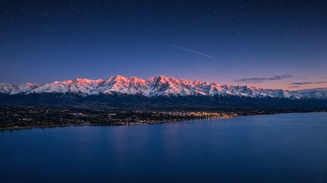 Kyrgyzstan satellite story cover: dusk over Lake Issyk-Kul and the Tian Shan peaks above Cholpon-Ata, town lights on the shore and one small moving light in the sky