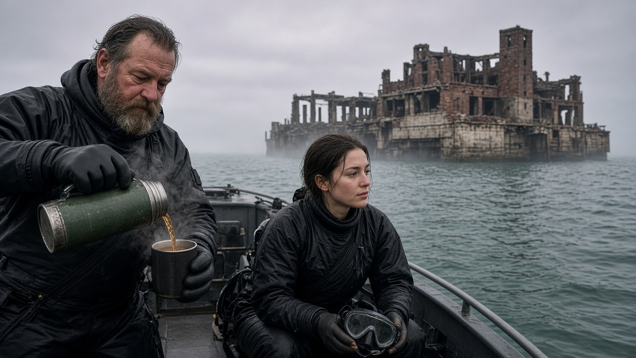 Lancaster bomber story cover: two navy divers in black drysuits on a small gray boat in a cold green bay at dawn, an older bearded diver pouring coffee from a green thermos, an old ruined torpedo station standing in the water behind them