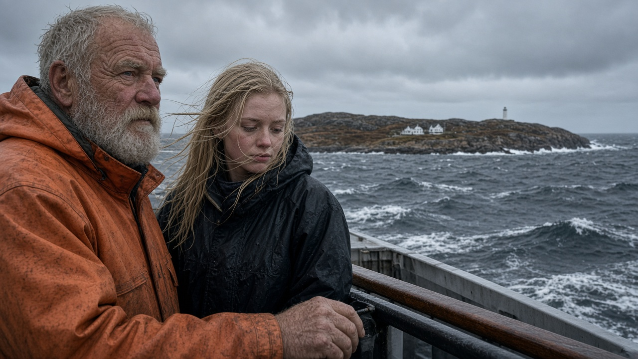 Mercury submarine story cover: an old fisherman in an orange work jacket and a pale young woman stand at the rail of a small car ferry in gray North Sea swell, a low rocky Norwegian island with a white lighthouse ahead