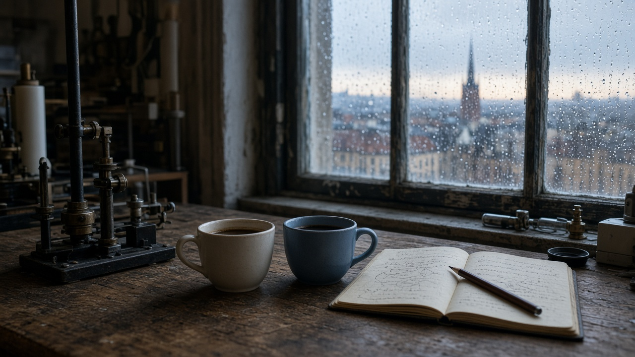A Nobel Prize story at dawn: two coffee cups beside an open handwritten notebook on a physics lab bench, with rain on the window and Stockholm rooftops outside