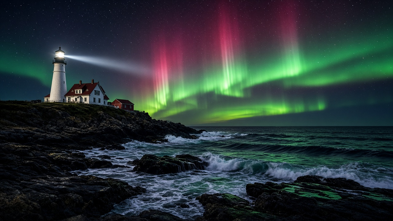 Northern lights story cover: green and pink aurora curtains over Portland Head Light in Cape Elizabeth, Maine, with waves breaking on the dark rocks below