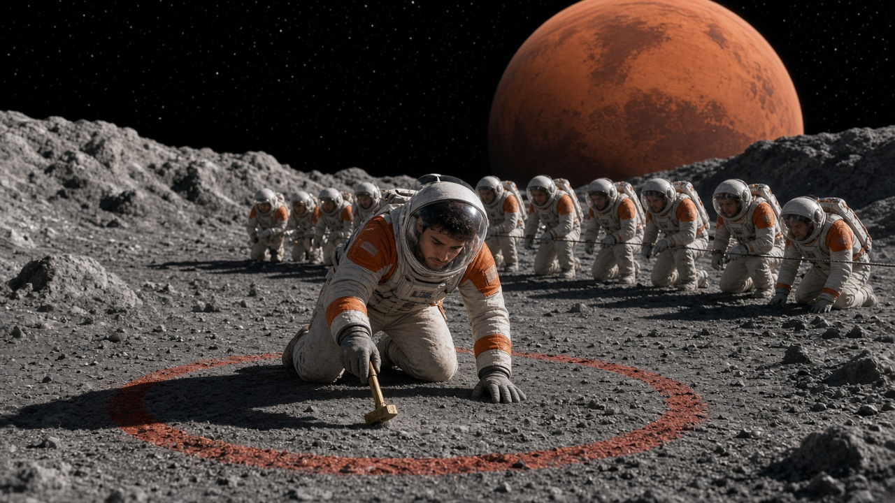 Phobos moon story cover: a young tour guide in a white spacesuit kneels on gray moon dust inside a painted red ring and taps the ground with a small brass hammer while tethered tourists watch, Mars huge in the black sky