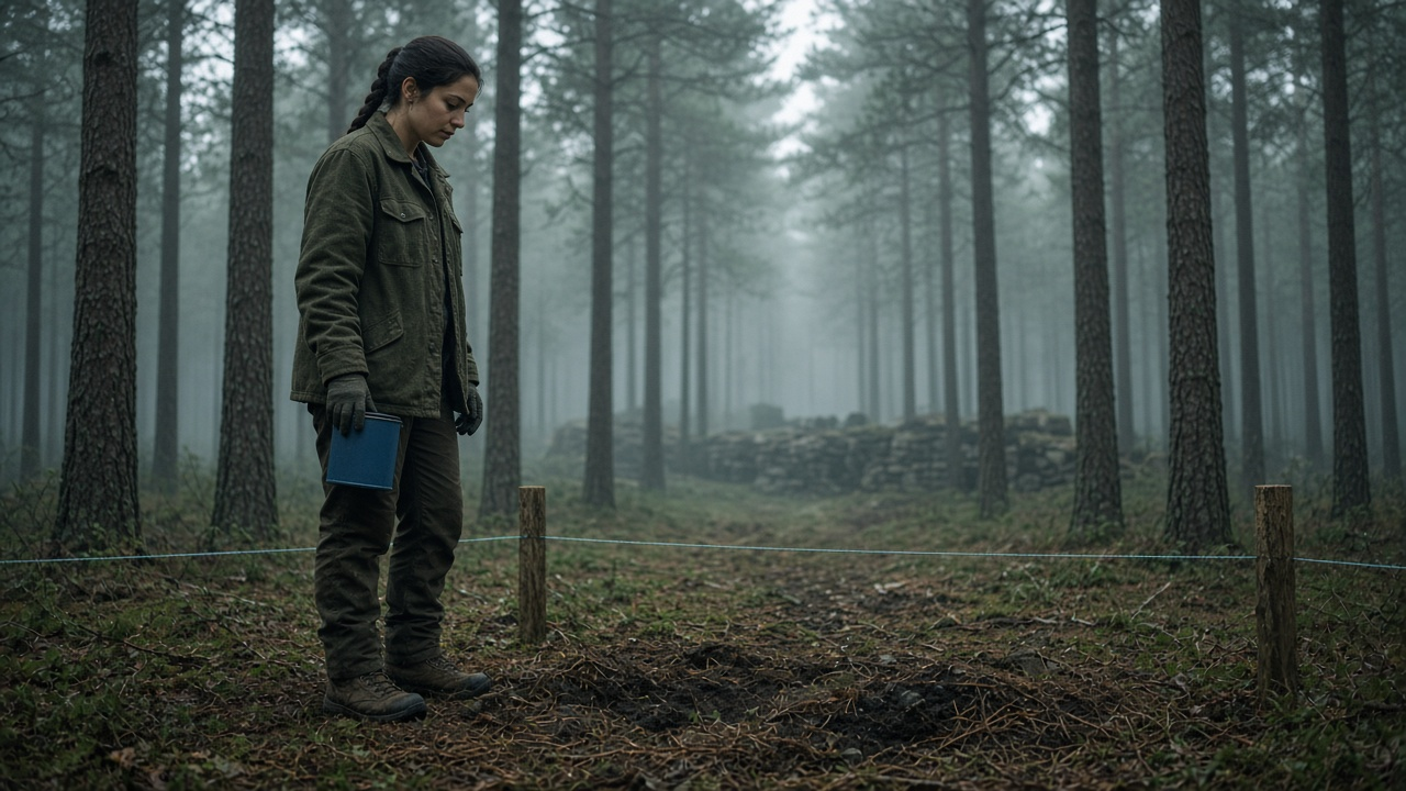 Roman temple story cover: a young woman forestry intern in a wool jacket stands among tall pines holding a blue paint can, looking down at plastic dig tape and dark soil under the needles