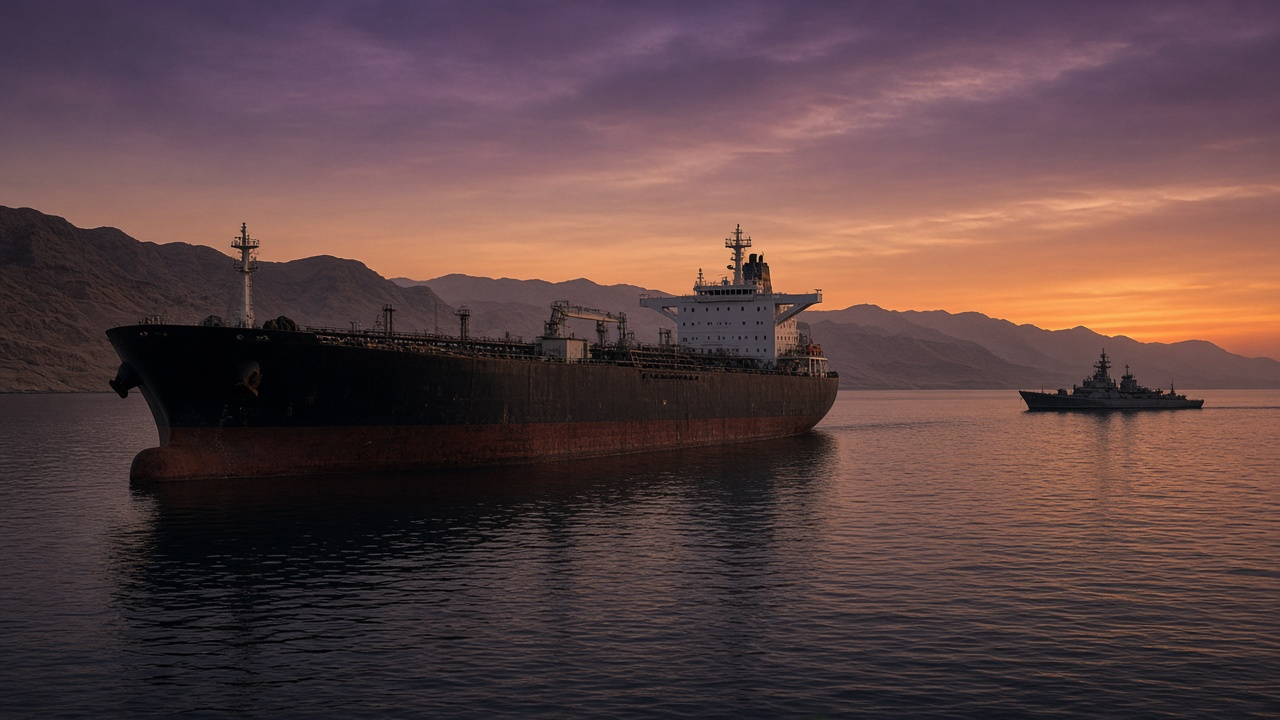Strait of Hormuz story cover: a supertanker at anchor at dusk in the Gulf