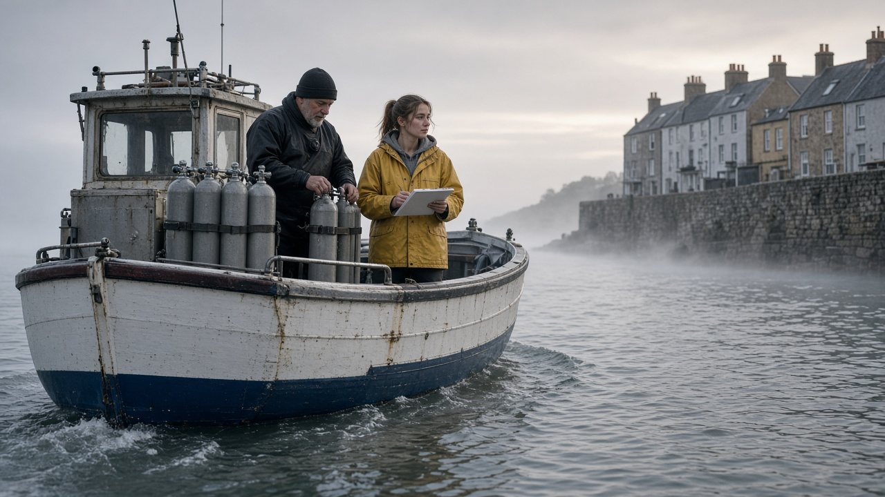 U-boat wreck story cover: an old wooden dive boat heads out of a gray harbor at dawn, an older bearded diver in a woolly hat and a young woman holding a dive slate at the rail, gas tanks lashed on deck