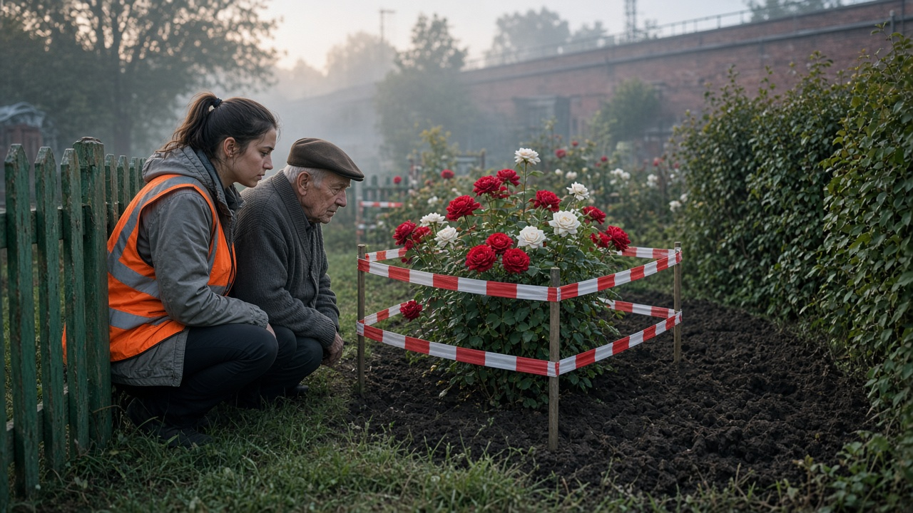 WW2 bomb story cover: a young city worker in an orange safety vest kneels at a green garden fence beside an old man in a flat cap, a circle of red and white roses and warning tape behind them at dawn