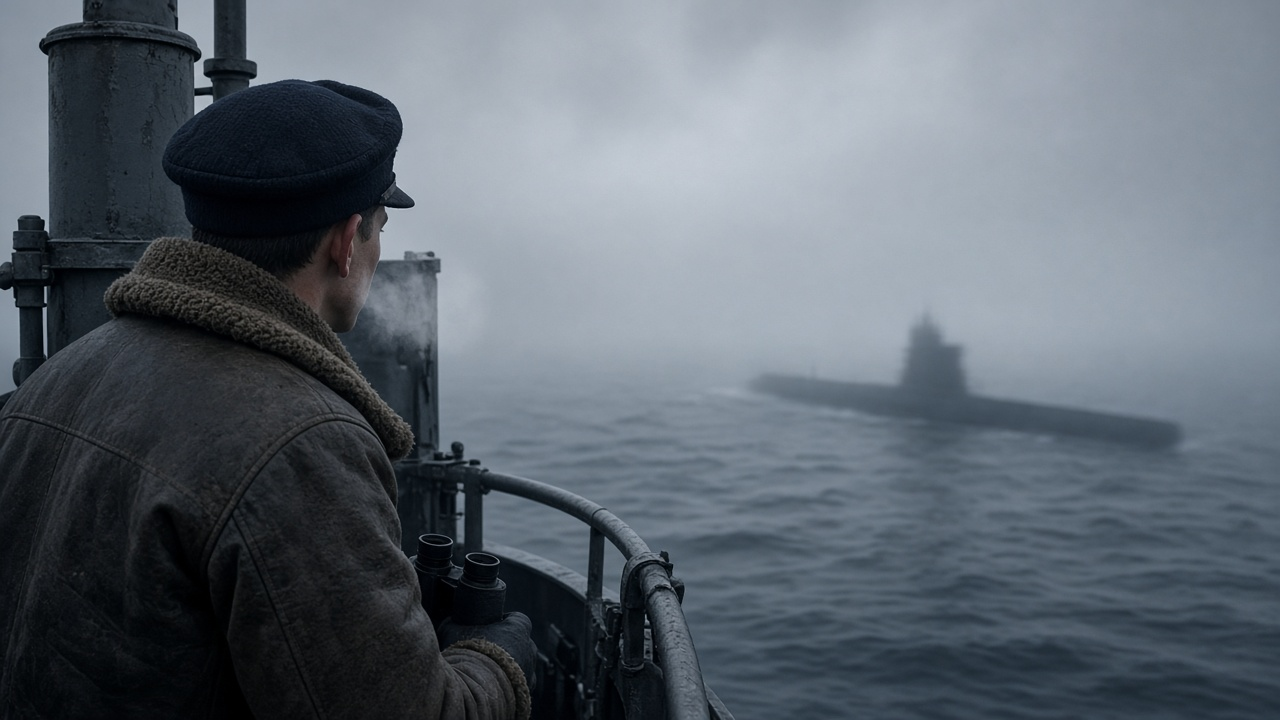 WW2 submarine story cover: a young sailor in a wool watch cap stands lookout high on the periscope stand of a gray World War II submarine, binoculars in hand, as a second submarine fades into thick fog on a cold gray sea