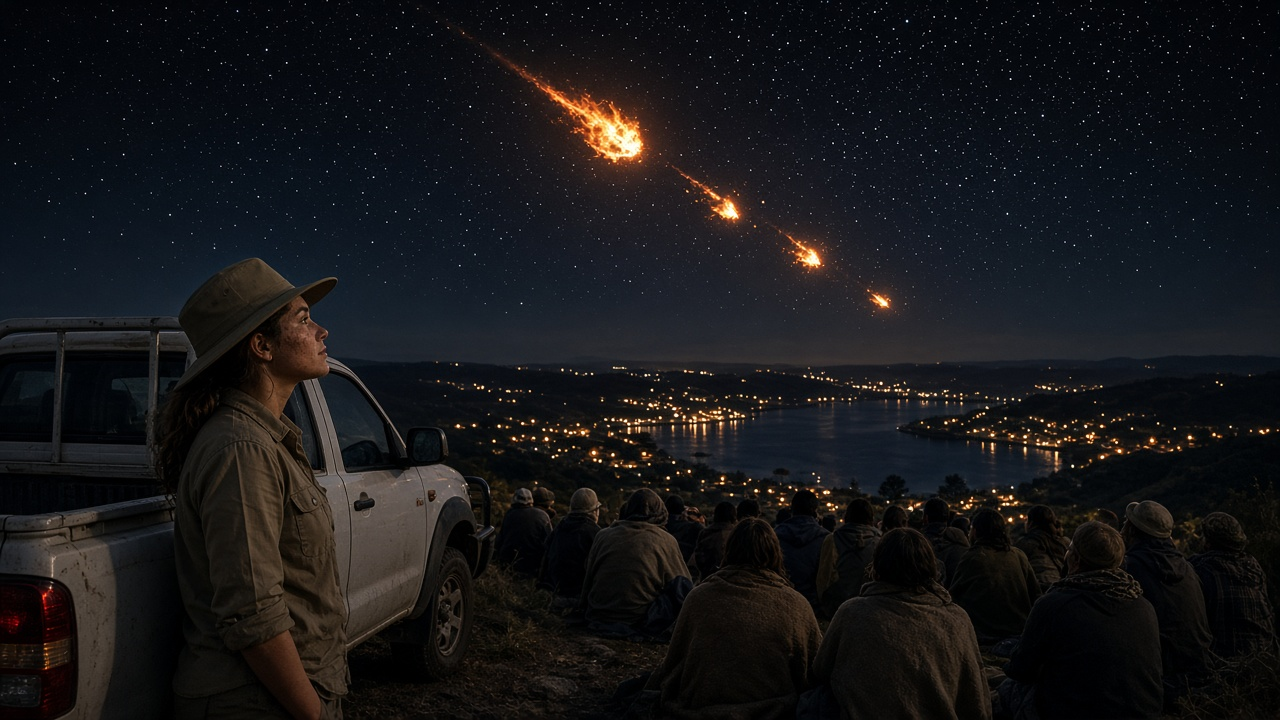 Space junk falling to earth over Esperance: from a hilltop at night, a young ranger beside a white ute watches a fireball break into glowing orange pieces above a dark bay while a crowd in blankets looks up