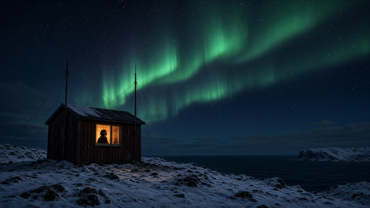 Ham radio story cover: a small wooden radio hut with tall antennas on a snowy Arctic hill above the sea, green northern lights overhead and a young woman with headphones at the lit window looking up