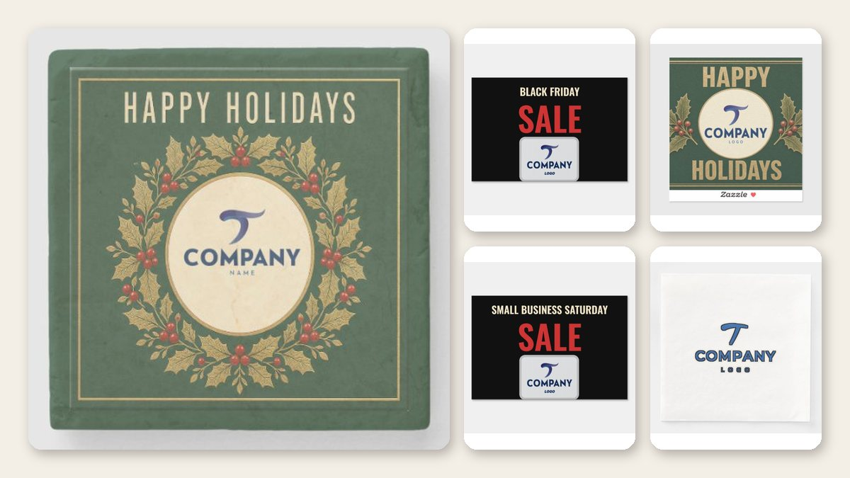 Custom logo products for small businesses: a Happy Holidays logo coaster, Black Friday and Small Business Saturday sale signs, a holiday logo sticker and logo napkins