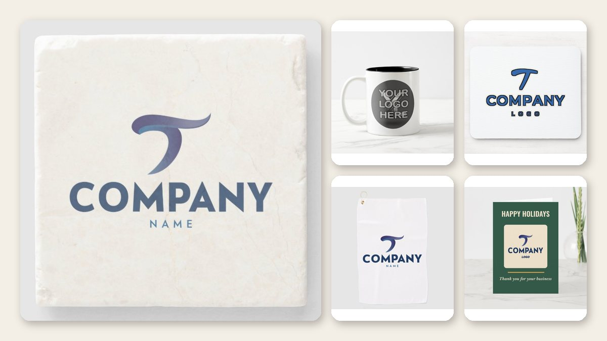 Employee gifts under $30 with a company logo: sandstone coaster, two-tone mug, mousepad, golf towel and holiday card