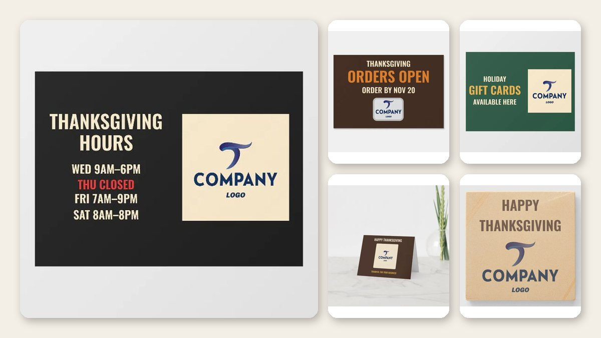 Holiday hours sign and custom logo products for small shops: Thanksgiving hours cling, orders yard sign, gift cards cling and thank you card
