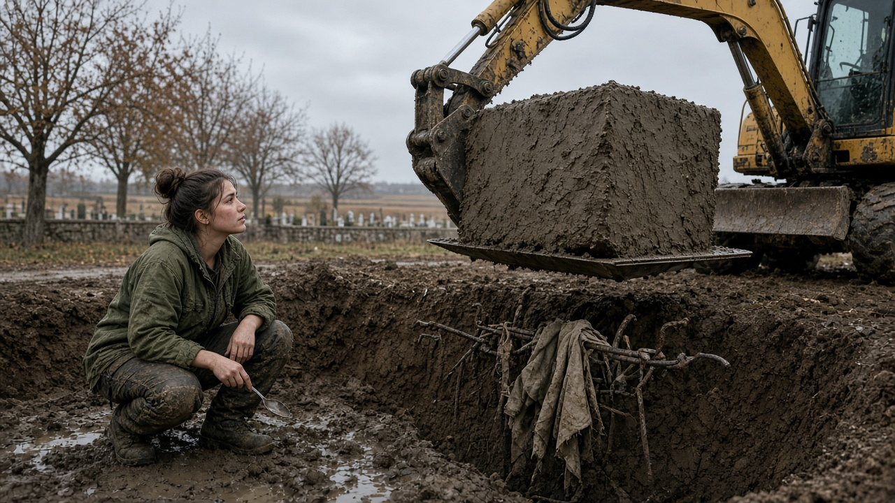 WW2 plane found under a Hungarian wheat field: an excavator lifts a big block of wet clay from a deep dig pit while a young woman archaeologist kneels in the mud with a teaspoon, a cemetery wall and walnut trees behind