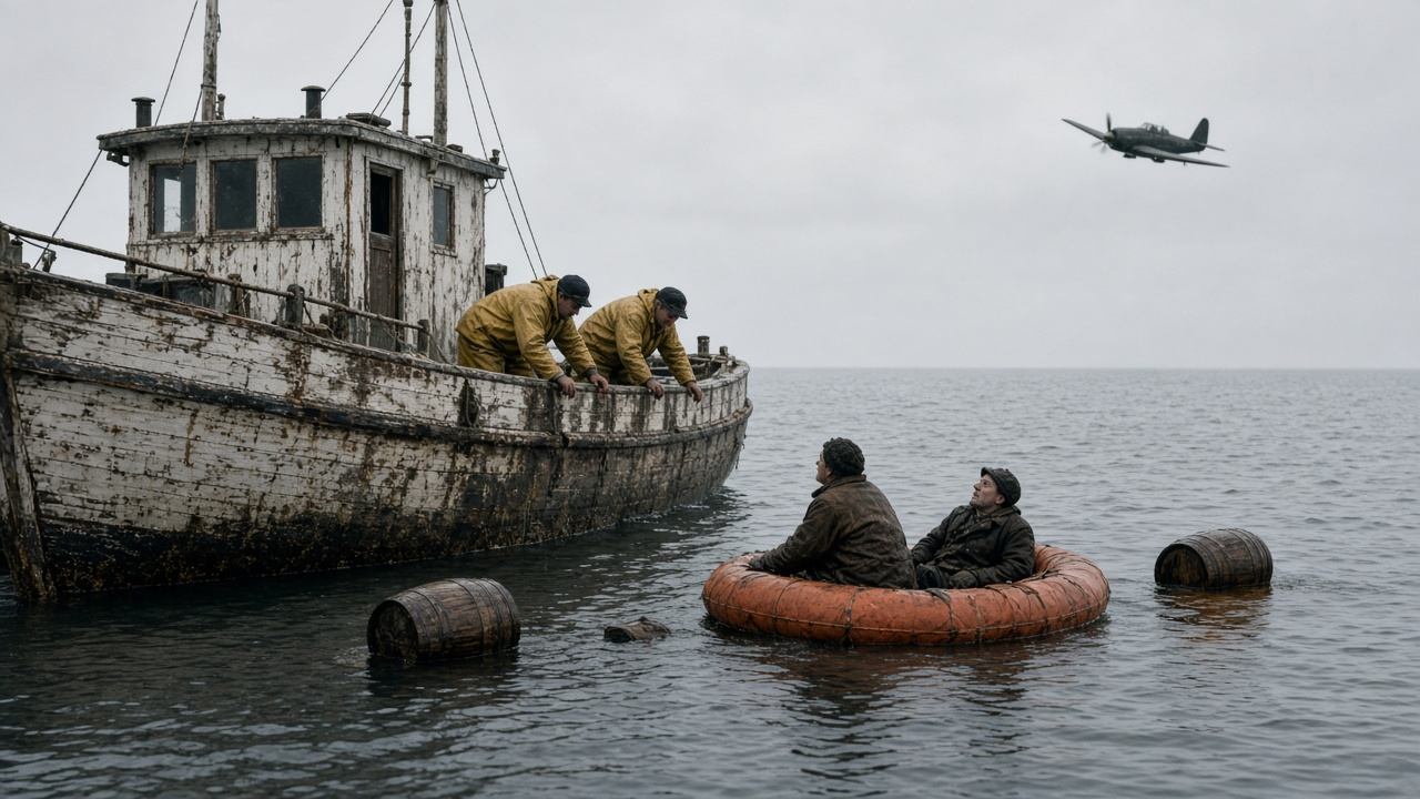 WW2 short story cover: an old wooden fishing boat pulls alongside a small orange life raft on a flat gray December sea off Maine, fishermen reaching down to the survivors as barrels float nearby and a plane circles